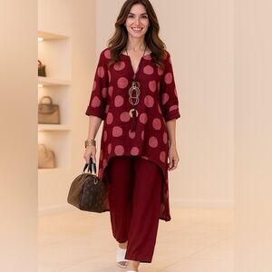 Linen Polka Dot Burgundy Women's Top and linen pants